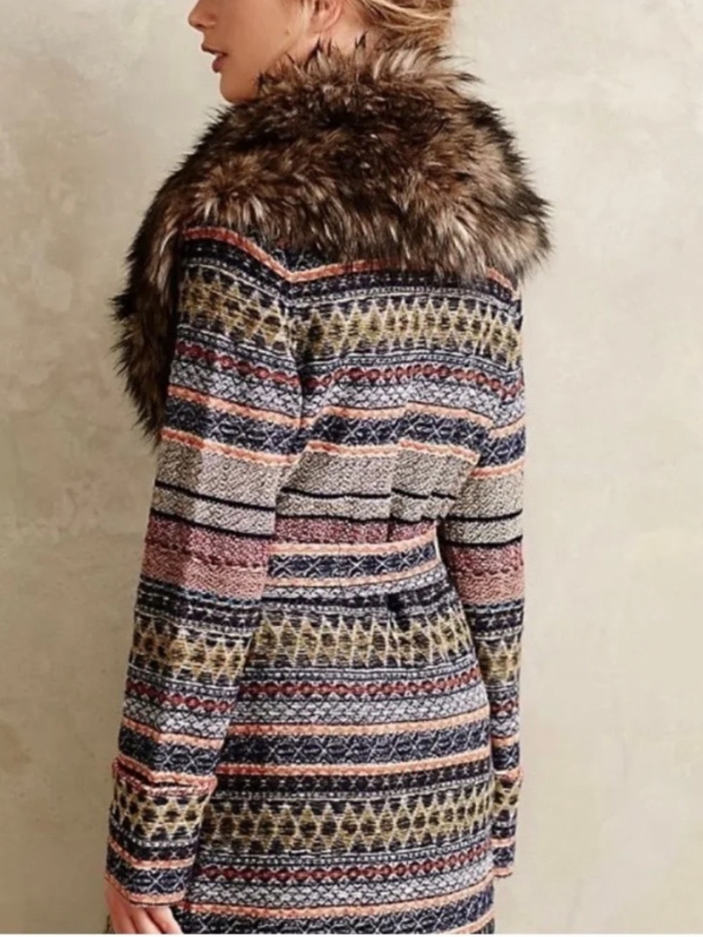 Anthropologie Angel of the North Faux Fur Collar Multi-Color Wrap Cardigan